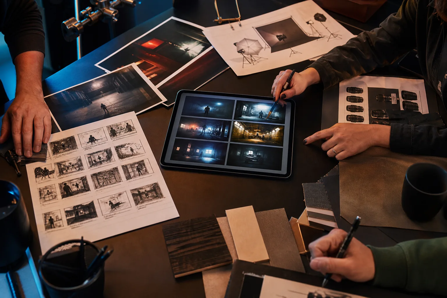 Une équipe de production compare des storyboards, des références visuelles et une prévisualisation sur tablette.